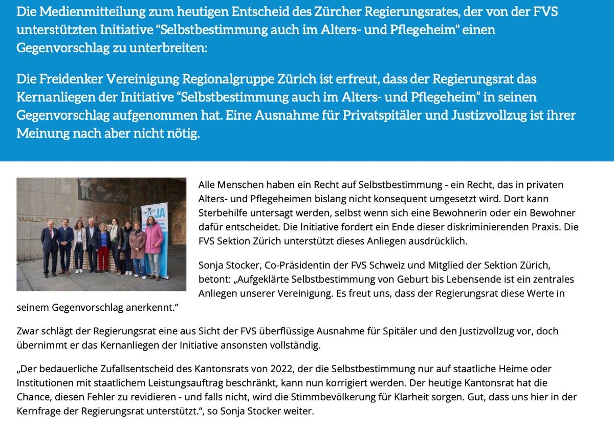 Gegenvorschlag ist gut, Initiative ist besser!

Unsere heutige Medienmitteilung zum Entscheid der Zürcher Regierung, der Initiative "Selbstbestimmung auch im Alters- und Pflegeheim" einen Gegenvorschlag zu unterbreiten.