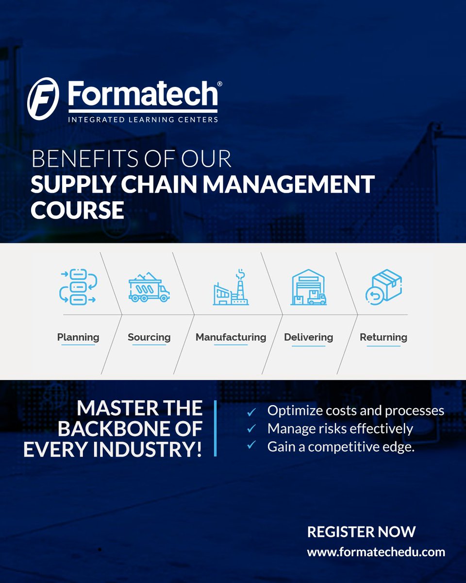 formatechedu's tweet image. Supply chain experts are the hidden heroes of every business.
Learn the secrets to success with our Supply Chain Management course, starting February 19. Your future in logistics starts here!

Register today: bit.ly/3CJLEQJ

#Formatech30Years #SupplyChainManagement