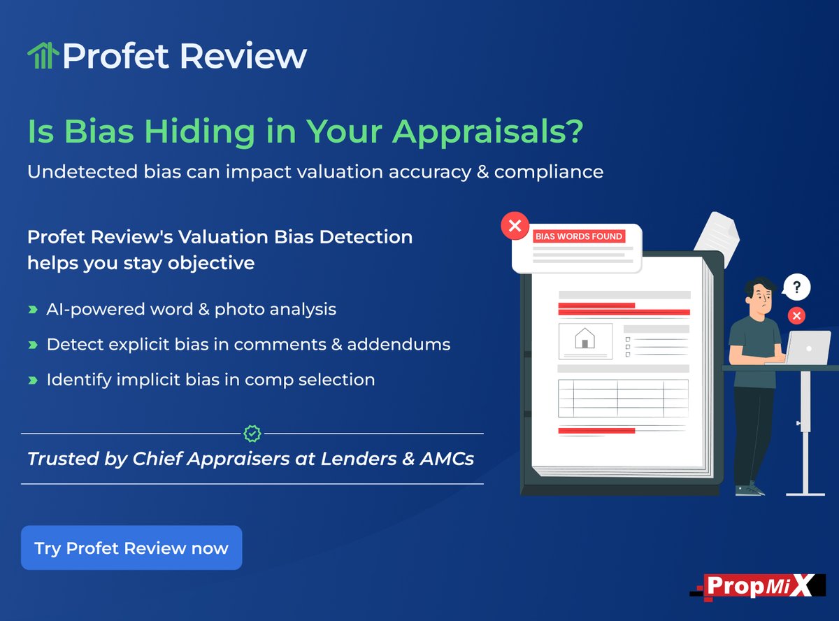 PropMixRE's tweet image. Profet Review&apos;s Valuation Bias Detection helps you stay objective

🔍 AI-powered word &amp;amp; photo analysis
🚫 Detect explicit bias in comments &amp;amp; addendums
✅ Identify implicit bias in comp selection

Eliminate bias today! → profet.ai/try-profet-rev…

#Appraisal #BiasDetection #AI