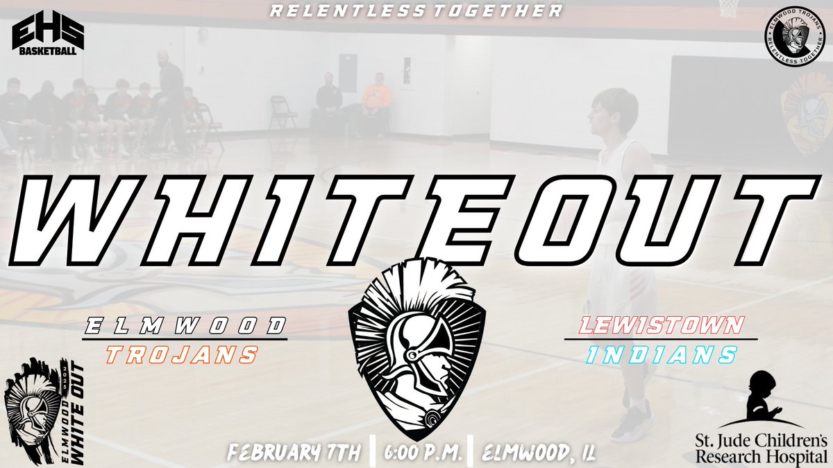 ◻️◽▫️WHITE OUT ▫️◽◻️

🏀: Elmwood
🆚️: Lewistown
📍: Elmwood H.S.
🕕: 6:00pm JV Tip

#Relentless2gether #TheTrojanWay