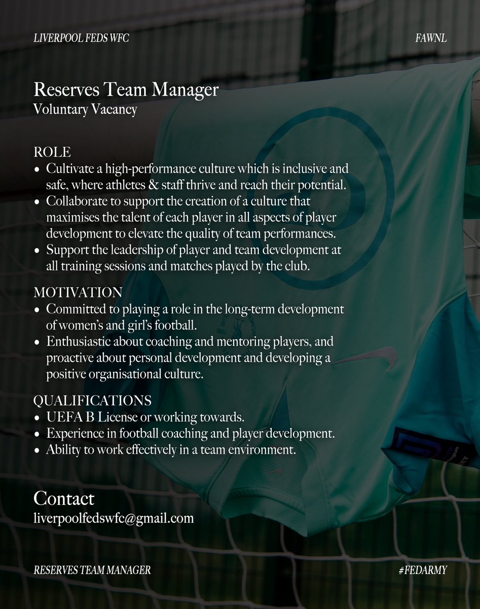 Liverpool Feds FC Women (@liverpoolfeds) on Twitter photo Reserve Team Manager Position!!💙
👉 Please get in touch via liverpoolfedswfc@gmail.com ✉️
#FedArmy @fa.wnl Reserve Team Manager Position!!💙
👉 Please get in touch via liverpoolfedswfc@gmail.com ✉️
#FedArmy @fa.wnl