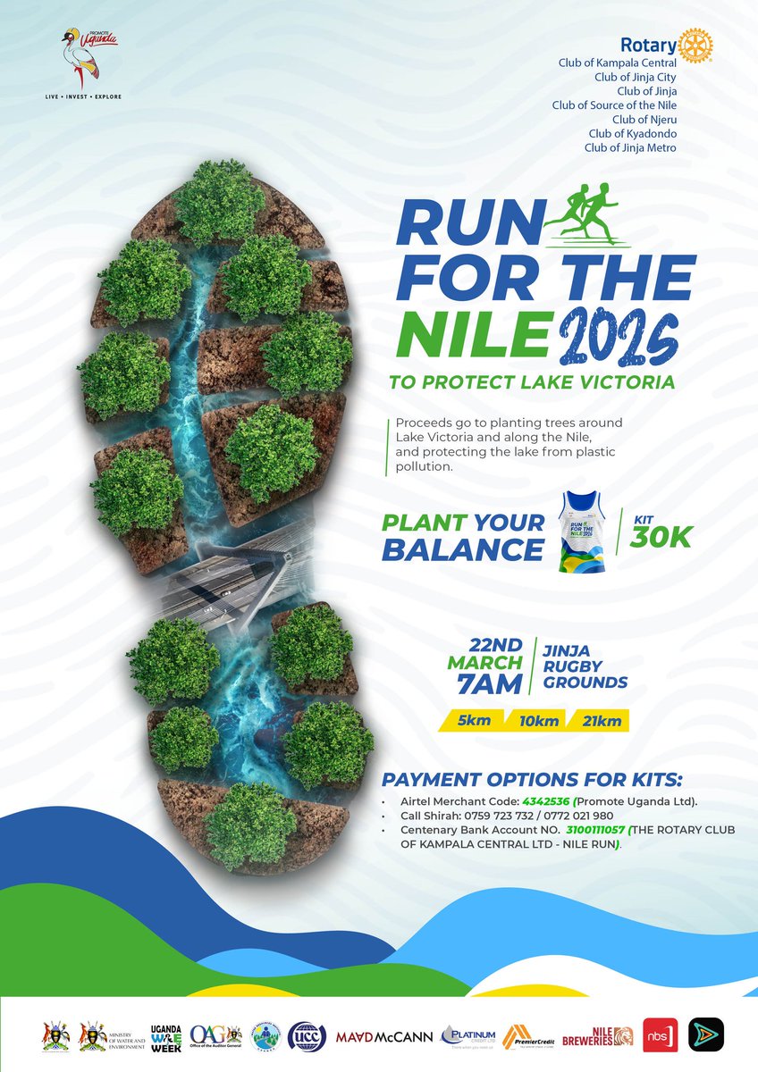 CentralRotary's tweet photo. Join the #RunForTheNile2025 and make a difference!
Run 5km, 10km, or 21km to protect Lake Victoria and the Nile through tree planting and plastic pollution reduction.
Date: 22nd March
Location: Jinja Rugby Grounds
Time: 7 AM
Kit: 30K
 #Run4theNile25 https://t.co/bCYLInKHRN
