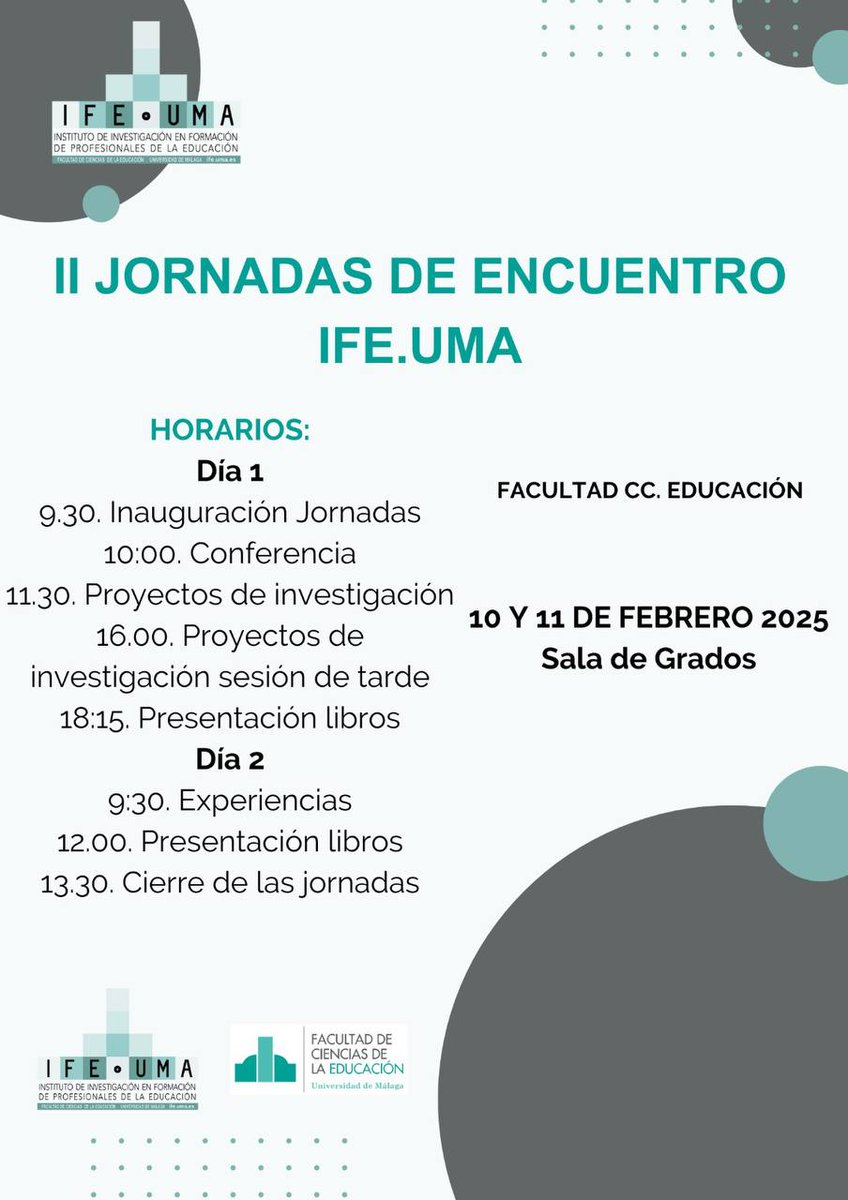 📢📚 ¡No te pierdas las II Jornadas de Encuentro IFE.UMA!
📍 Facultad de Ciencias de la Educación, UMA
📅 10 y 11 de febrero 2025
📌 Sala de Grados

Conferencias, proyectos de investigación y presentación de libros. ¡Te esperamos!