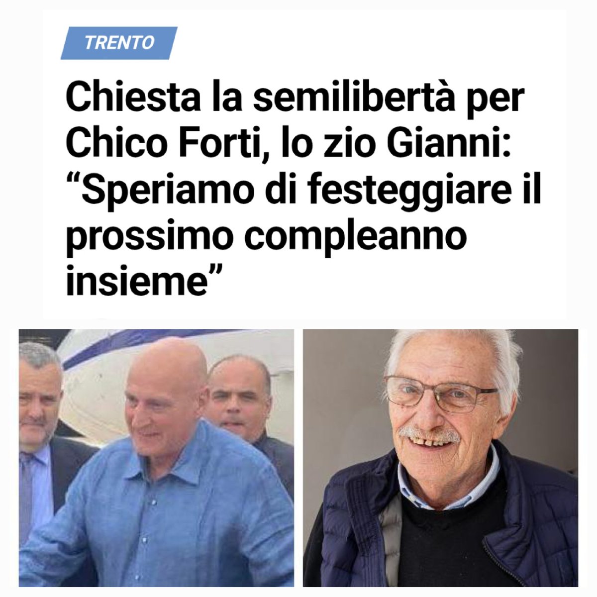 Chiesta la semilibertà per Chico Forti, lo zio Gianni: "Speriamo di festeggiare il prossimo compleanno insieme" - La voce del Trentino
lavocedeltrentino.it/2025/02/07/chi…

#chicofortifree #freechicoforti #chicoforti