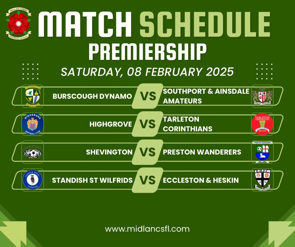 Mid Lancs Football League (@mid_lancs) on Twitter photo Premiership
League leaders <a href="/wilfs_fc/">Standish St Wilfs FC 🦉</a> take on <a href="/Eccleston_FC/">Eccleston & Heskin FC</a> in a top clash. ?75 <a href="/BDynamoFC/">Burscough Dynamo FC</a> vs <a href="/SandA1st/">S&A Saturday 1st Team</a> could be the real thriller! With just a point between them and Southport in top form, this one’s not to be miseed ⚽️
#MidLancsFL #Premiership Premiership
League leaders <a href="/wilfs_fc/">Standish St Wilfs FC 🦉</a> take on <a href="/Eccleston_FC/">Eccleston & Heskin FC</a> in a top clash. ?75 <a href="/BDynamoFC/">Burscough Dynamo FC</a> vs <a href="/SandA1st/">S&A Saturday 1st Team</a> could be the real thriller! With just a point between them and Southport in top form, this one’s not to be miseed ⚽️
#MidLancsFL #Premiership