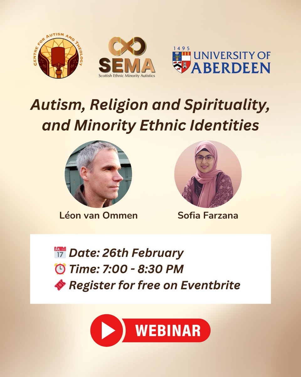 SEMA.Scot (@sema_scot) on Twitter photo Join us for a thought-provoking webinar exploring the intersection of autism, religion, spirituality, and minority identities.
đź“… Date: 26th February
⏰ Time: 7:00 - 8:30 PM
🎟 Register for free on Eventbrite
🔗 eventbrite.com/e/123509798431…
Read more: eventbrite.com/e/autism-relig…
#sema Join us for a thought-provoking webinar exploring the intersection of autism, religion, spirituality, and minority identities.
đź“… Date: 26th February
⏰ Time: 7:00 - 8:30 PM
🎟 Register for free on Eventbrite
🔗 eventbrite.com/e/123509798431…
Read more: eventbrite.com/e/autism-relig…
#sema