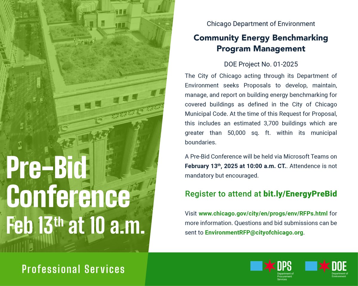 Chicago Department of Procurement Services (DPS) (@chicagodps) on Twitter photo Are you a #ProgramManagement or consultant firm specializing in #EnergyEfficiency? Then you don't want to miss out on <a href="/ChicagoDOE/">Chicago Department of Environment</a>'s Energy Benchmarking RFP. A remote pre-bid session will be held via Microsoft Teams on Feb 13 at 10am. Register to attend at bit.ly/EnergyPreBid. Are you a #ProgramManagement or consultant firm specializing in #EnergyEfficiency? Then you don't want to miss out on <a href="/ChicagoDOE/">Chicago Department of Environment</a>'s Energy Benchmarking RFP. A remote pre-bid session will be held via Microsoft Teams on Feb 13 at 10am. Register to attend at bit.ly/EnergyPreBid.