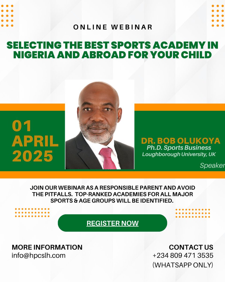 Are you a responsible sporting parent, guardian, uncle, aunty, brother or sister? If so, join Dr. Bob Olukoya as he help you navigate the mine-filled sports academy ecosystem. You will be glad you did. Register now....via email, WhatsApp or click the link.