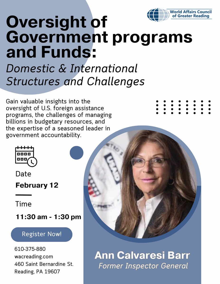 WACReading's tweet image. Join us on February 12, 11:30 AM—1:30 PM, to hear from Ann Calvaresi Barr, the former Inspector General, and gain key insights on transparency, accountability, and challenges in government funding! Secure your spot now! docs.google.com/forms/d/e/1FAI…