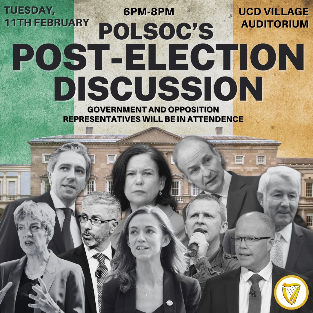 Polsoc's Post-Election Discussion! We will be hosting a panel discussion this Tuesday from 6pm in the UCD Village Auditorium with some newly elected TDs focusing on the November GE, the current situation in Dáil Éireann and what the future of Irish politics holds! 🎤🇮🇪
