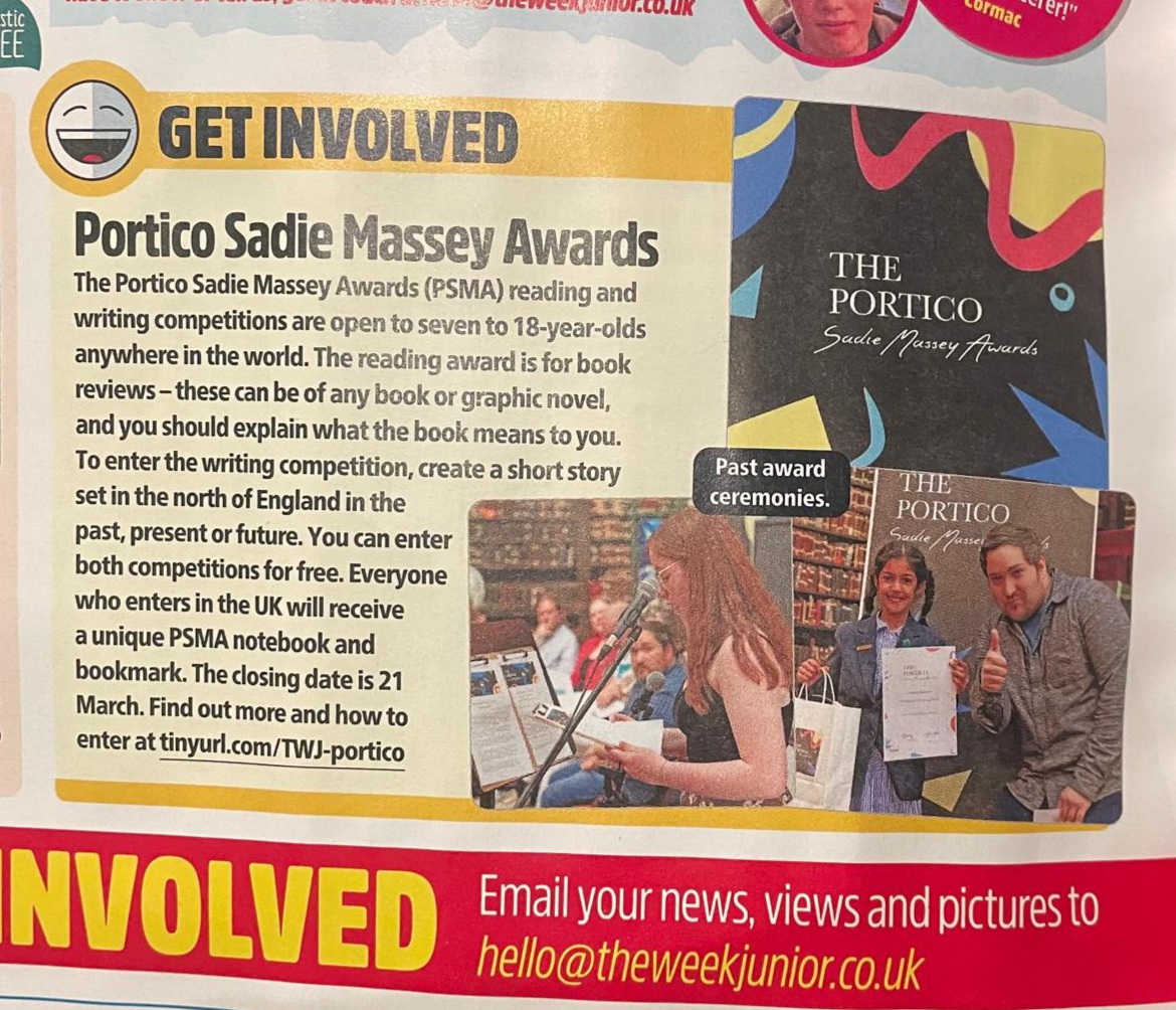This week's Award-winning
<a href="/theweekjunior/">The Week Junior</a>
for 8-14-year-olds features The Portico Sadie Massey Awards Reading and Writing Competitions, so get your copy to find out more &amp; read all the brilliant articles! Portico Sadie Massey Awards — The Portico Library #PSMAwards
<a href="/ThePortico/">The Portico Library</a>