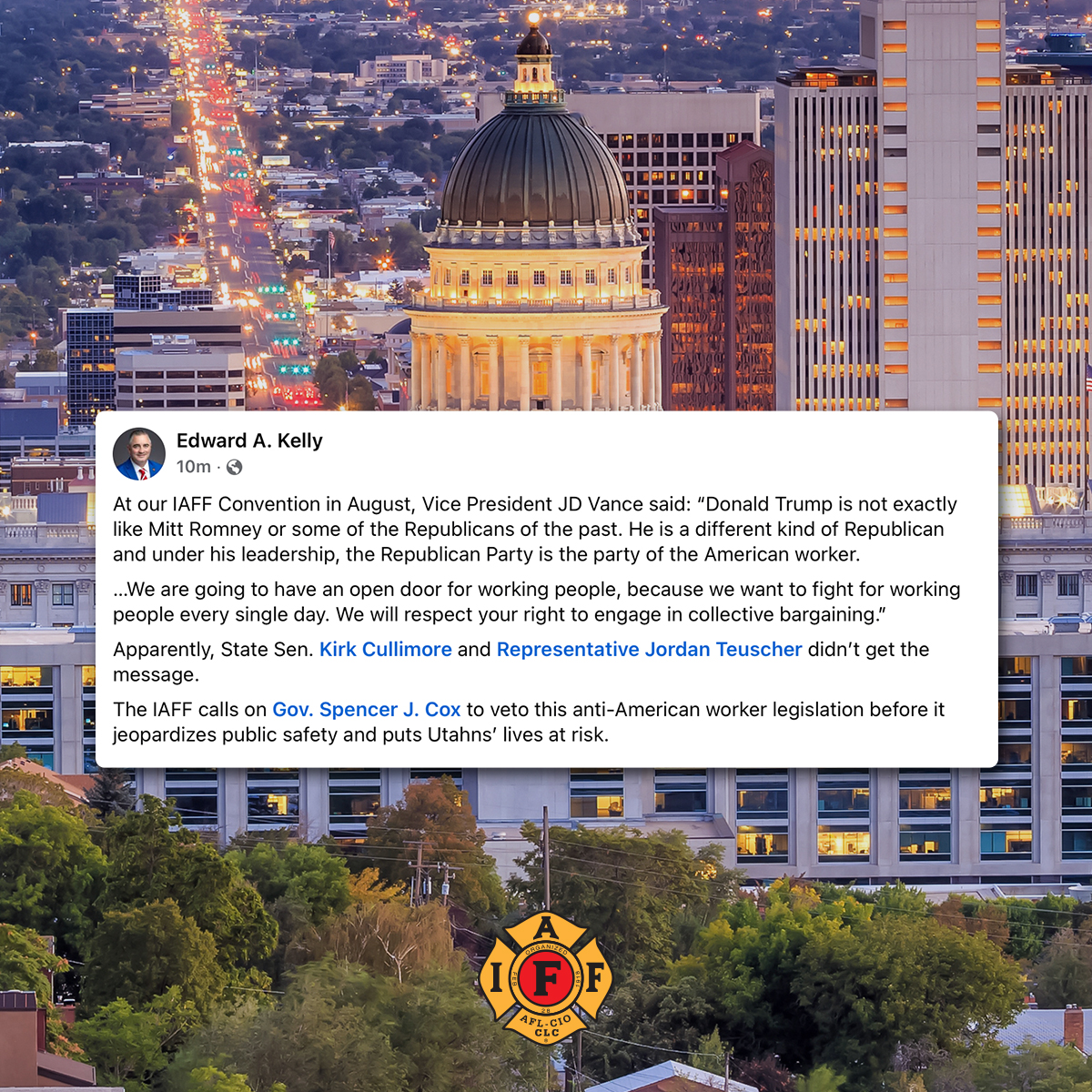 The <a href="/IAFFofficial/">International Association of Fire Fighters</a> calls on <a href="/GovCox/">Governor Cox</a> to veto the anti-American worker #HB267 bill before it jeopardizes public safety and puts Utahns’ lives at risk.