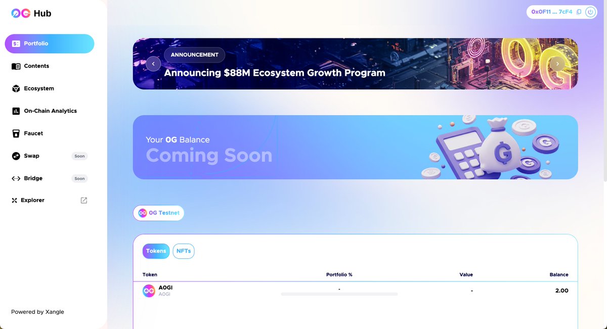 New update on 0G Hub!

We have added a portfolio tracker to the 0G Hub to improve the user experience while interacting with the 0G testnet.

More to come! Dive in 👇
hub.0g.ai/portfolio