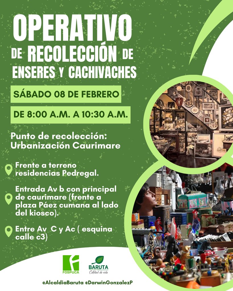 ¡Baruteños!🍃

Este sábado #8feb se llevará a cabo un Operativo de Recolección de Enseres y Cachivaches. 🚚

📍 Urb. #Caurimare
⏰ 8:00 am - 10:30 am

¡En la imagen están colocados los puntos de recolección! ¡Los esperamos! ⬇️
