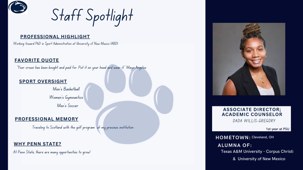 mac_psu's tweet image. 🌟 Staff Spotlight 🌟
This semester, we will be spotlighting our outstanding MAC staff and the work that they do behind the scenes!  

Today we introduce our Associate Director, DaDa Willis-Gregory!