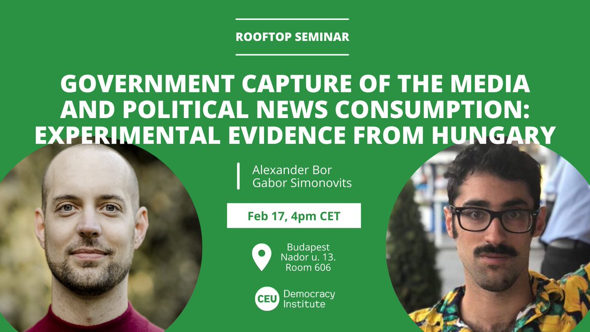 CEU Democracy Institute (@ceudeminst) on Twitter photo 🔜Don’t forget to register now and join us on Monday for this seminar with <a href="/boralexander1/">Alexander Bor</a>, Gabor Simonovits, Peter Bajomi-Lazar, and <a href="/LisaZanottiPhD/">Lisa Zanotti</a>!
⏰ Feb 17, 4pm CET
📍Budapest, Nador u. 13
Details:
👉 cutt.ly/Le5NX6g9
Registration:
👉 cutt.ly/ae5NCcZ6 🔜Don’t forget to register now and join us on Monday for this seminar with <a href="/boralexander1/">Alexander Bor</a>, Gabor Simonovits, Peter Bajomi-Lazar, and <a href="/LisaZanottiPhD/">Lisa Zanotti</a>!
⏰ Feb 17, 4pm CET
📍Budapest, Nador u. 13
Details:
👉 cutt.ly/Le5NX6g9
Registration:
👉 cutt.ly/ae5NCcZ6