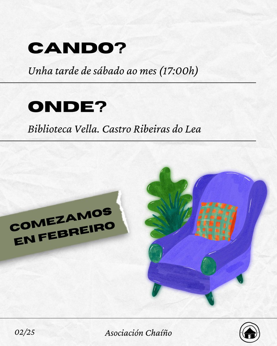 chainhoasoc's tweet photo. A agarda rematou! Traemos as primeiras novidades da asociación. Imaxina: un sábado tarde, un café, un bo libro, e un grupo de xente co que compartilo. Un sábado de cada mes, na biblioteca vella  Castro Ribeiras do Lea, poderas unirte ó noso clube de lectura. https://t.co/pM0XXFEOln
