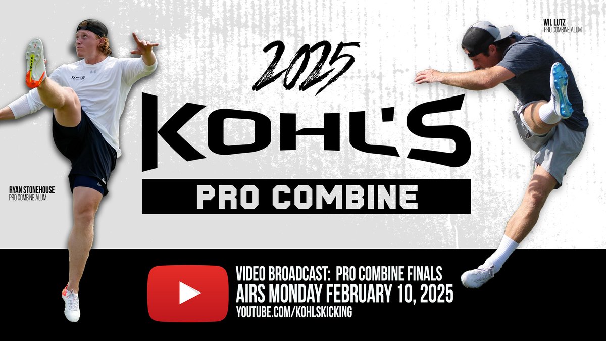 KohlsKicking's tweet photo. This weekend top Draft Eligible and Free Agent Kickers, Punters, and Snappers will go head-to-head for a spot in the video broadcast of the event finals at the Annual #KohlsProCombine.

Watch the Video Premiere
Monday February 10, 2025
⏰ 8:00 PM CST
🎥 https://t.co/5Ve0oiMIy3 https://t.co/irELywaZmL