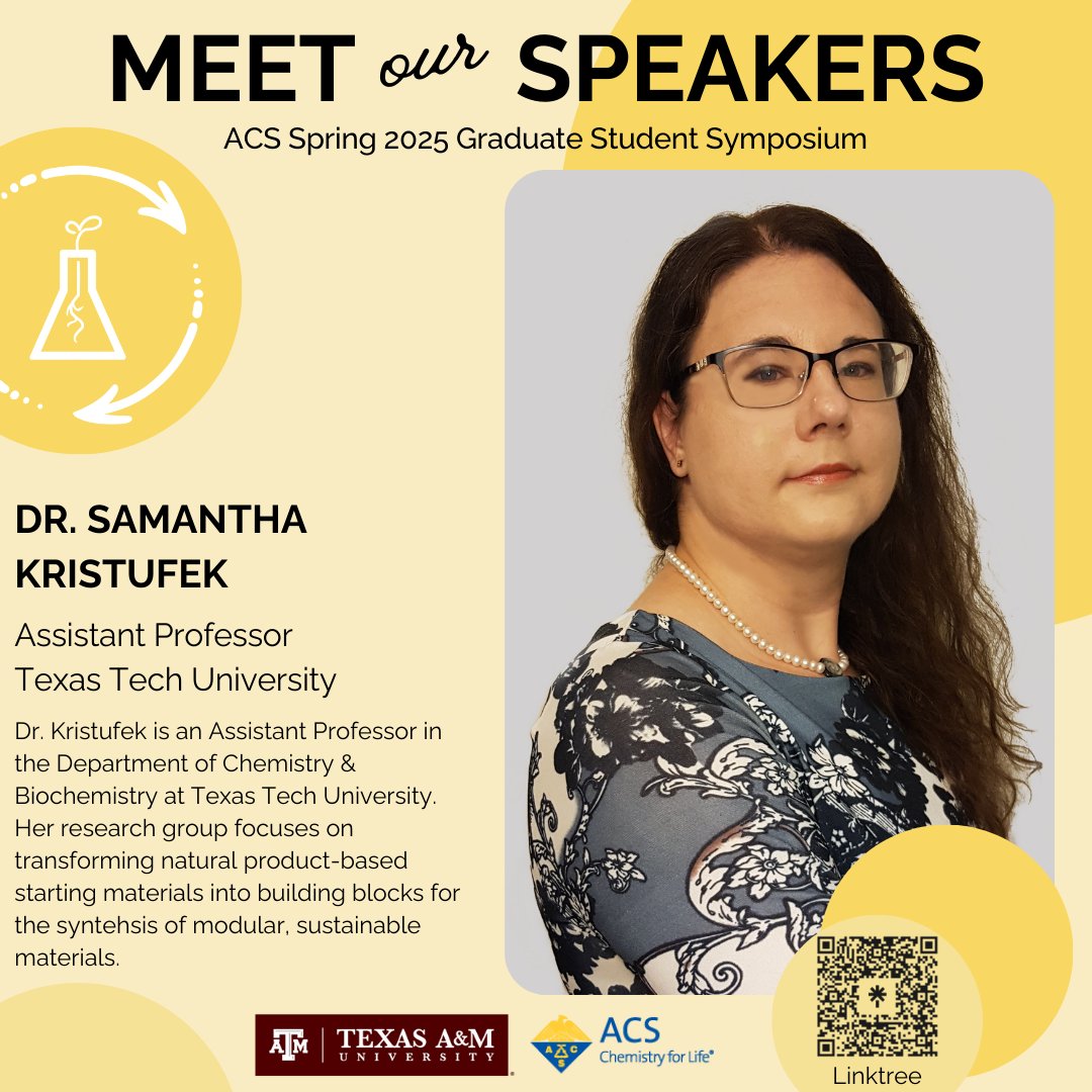 tamugsspc's tweet image. We are honored to host Dr. Samantha Kristufek (@slkristufek) at our upcoming symposium!
Stay tuned to meet more of our speakers! #acs #gsspc #tamuchemistry