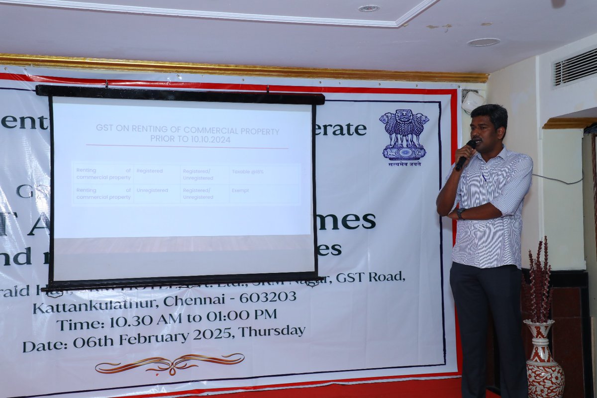 gstchennaiouter's tweet photo. Chennai Outer GST comm'te conducted Outreach Program for Tambaram &amp; M.M Nagar division taxpayers on 06.02.2025 on the recently announced GST Amnesty schemes.Commissioner Sh. Nasser Khan IRS addressed the gathering and highlighted the importance of the schemes. https://t.co/FcxMAvyN4X