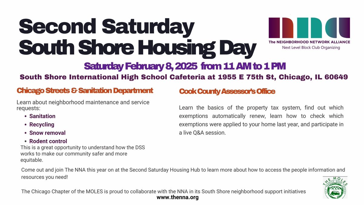BlockPower100's tweet image. 🚨 TOMORROW! Don’t miss Second Saturday - South Shore Housing Day!

📅 Feb 8 | 11 AM - 1 PM
📍 South Shore Int’l HS Cafeteria

💡 Tax help w/ Cook County Assessor
🚛 City services &amp;amp; sanitation info

🎟️ Register now: bit.ly/nna2ndsat

#SouthShoreHousing #ChicagoEvents