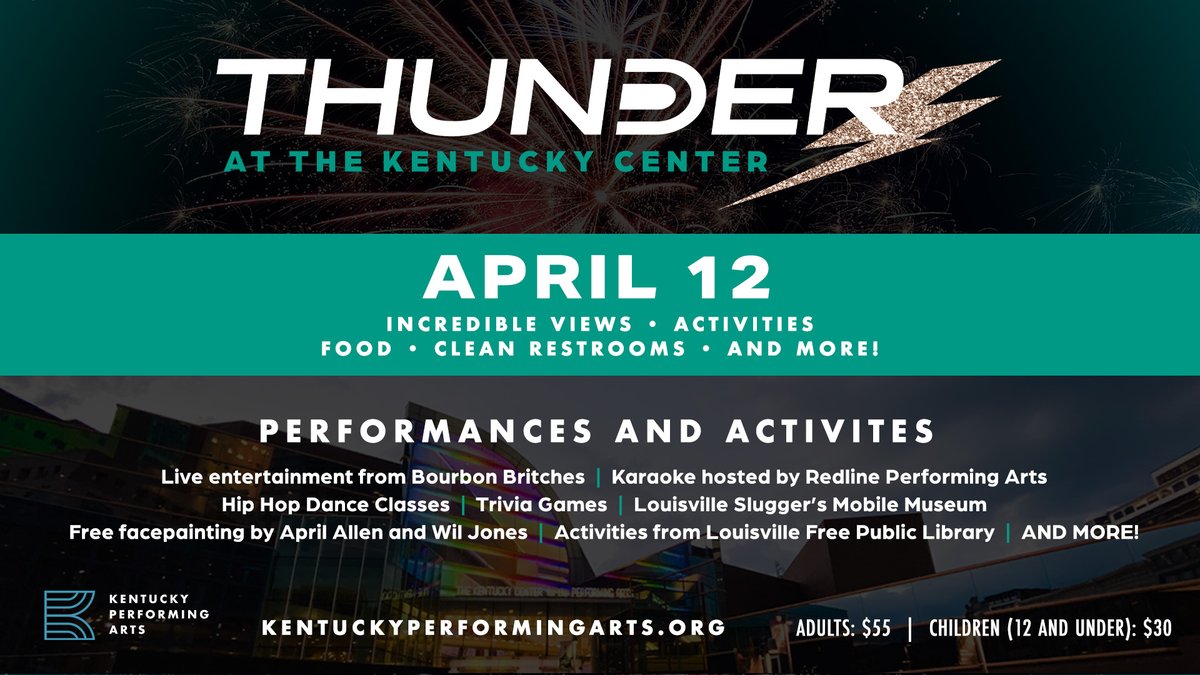 The Kentucky Center (@kyctrarts) on Twitter photo Thunder at The Kentucky Center returns April 12! In addition to incredible views from all three levels of <a href="/KyCtrArts/">The Kentucky Center</a> building and ample outdoor viewing space on the Belvedere, you can enjoy live entertainment all day! 🎇 Find tickets and more info: bit.ly/KPAThunder25. Thunder at The Kentucky Center returns April 12! In addition to incredible views from all three levels of <a href="/KyCtrArts/">The Kentucky Center</a> building and ample outdoor viewing space on the Belvedere, you can enjoy live entertainment all day! 🎇 Find tickets and more info: bit.ly/KPAThunder25.