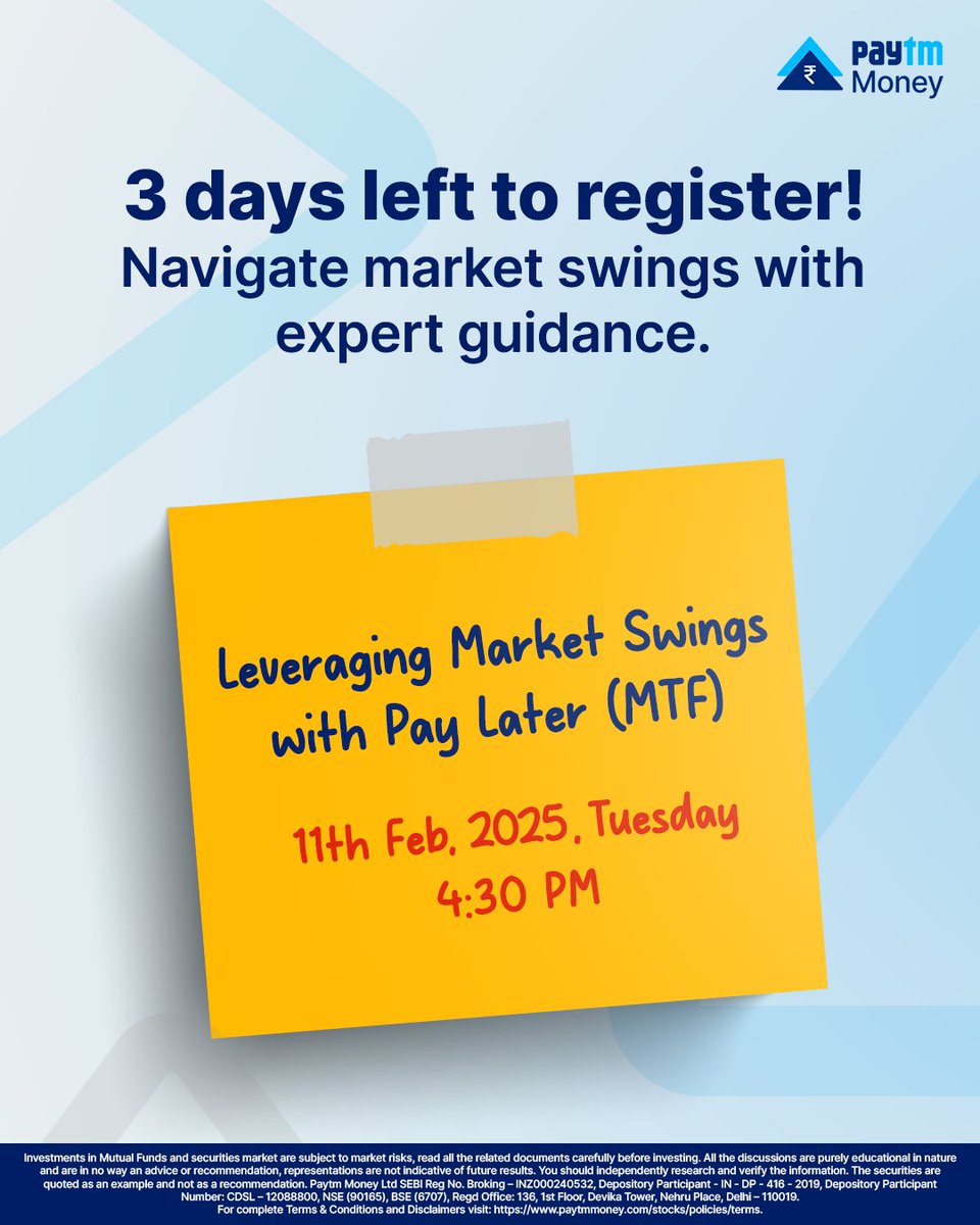 PaytmMoney's tweet photo. Don't miss this chance! Join Harsh Pratim Dey, Product Manager at Paytm Money, to know the secret behind leveraging market swings with the power of Pay Later (MTF).

Register now: https://t.co/aqJfdow7zj

#LearnWithPaytmMoney #PayLaterMTF #MarginTradingFacility #MarketSwings https://t.co/muZA7dmGlw