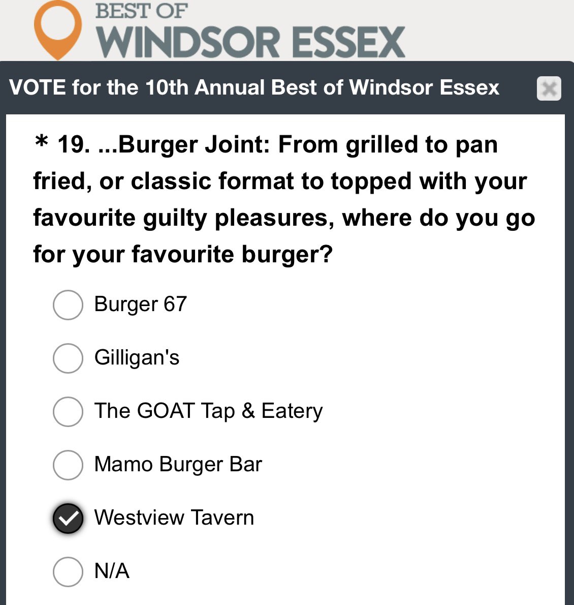 The Westview Tavern was nominated for Best Bar 🍺(#13) and Best Burger Joint 🍔(#19) in this years Best of Windsor-Essex awards 🏅
You can VOTE NOW for your favourites. Link to vote: bestofwindsoressex.ca/vote/ 🗳️
•
•
•
#westviewtavern #peleeisland #twepi #bestofwindsoressex