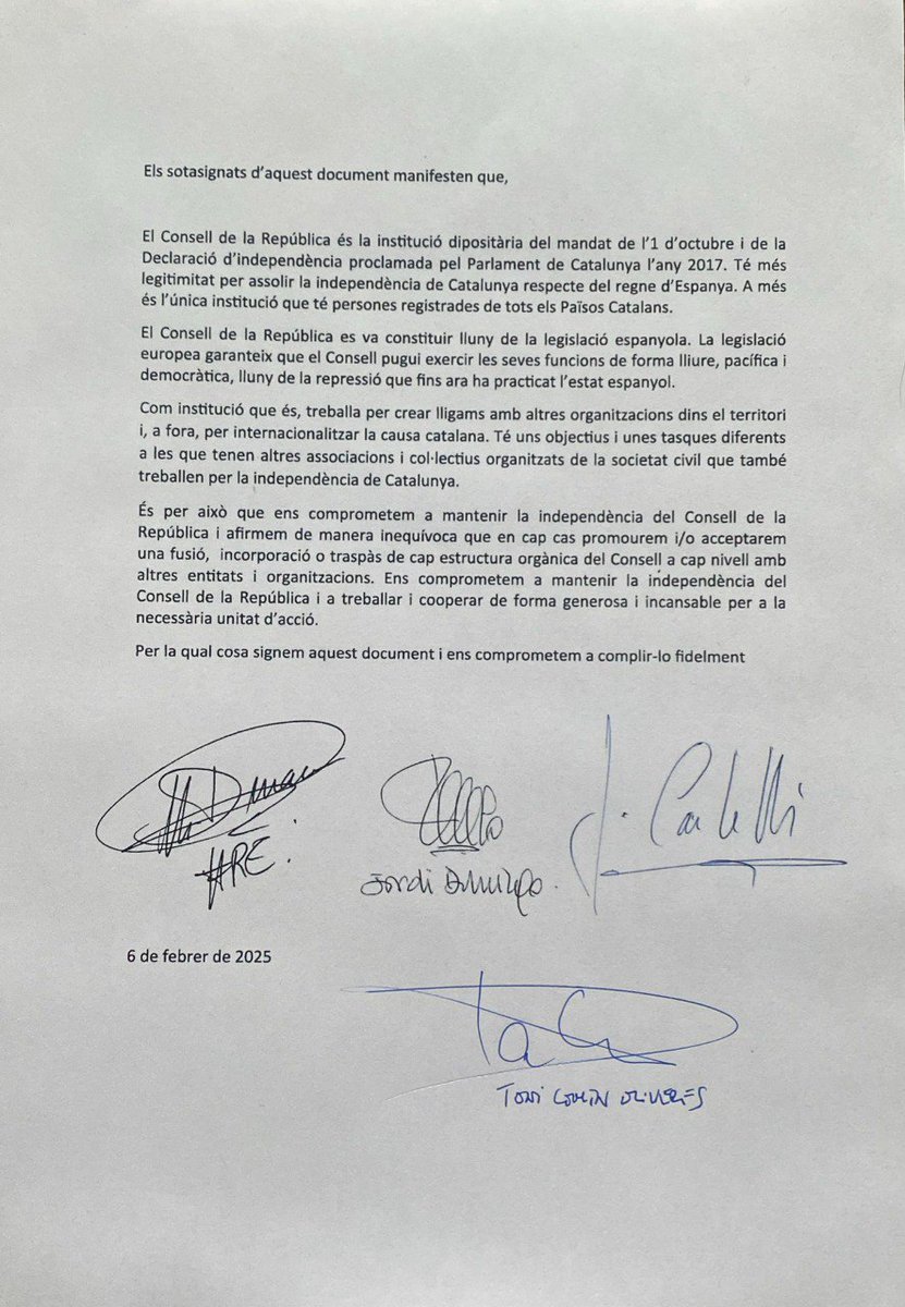 ACORD PER MANTENIR EL CONSELL DE LA REPÚBLICA INDEPENDENT DE QUALSEVOL ENTITAT

Bon dia, en el debat d’ahir a la presidència del Consell de la República, els candidats Jordi Domingo, Jordi Castellà (ara fusionats), Toni Comín i Montserrat Duran van signar un acord de compromís