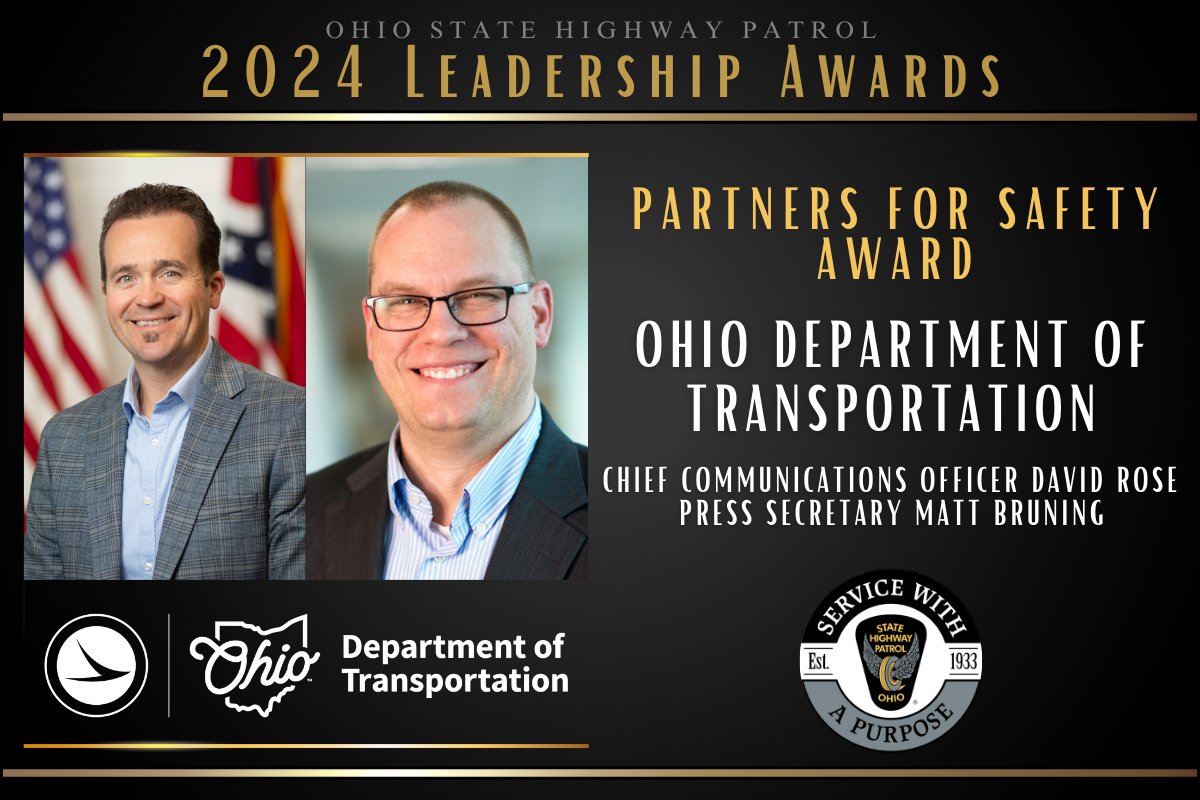 OSHP's tweet photo. Chief Coms. Officer David Rose and Press Secretary Matt Bruning, of ODOT, were selected for their collaboration and commitment to community safety during two high-profile initiatives in 2024: Ohio’s total solar eclipse &amp; a federally-funded media campaign for Move Over Slow Down. https://t.co/62spAAbIgz