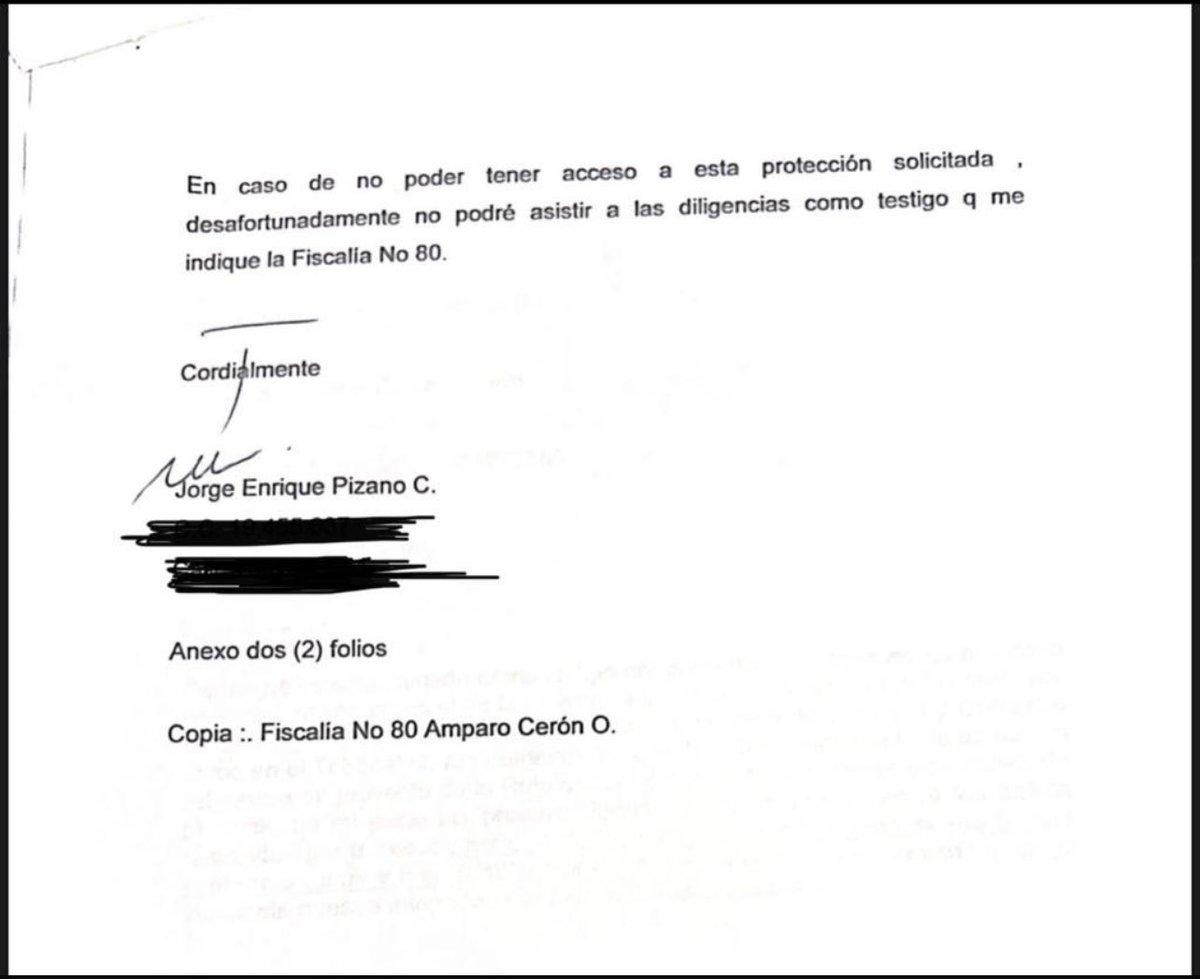 La prueba de la carta que envía Jorge Enrique Pizano al Fiscal Néstor Humberto Martínez pidiendo protección para él y su familia dos meses antes de su asesinato.