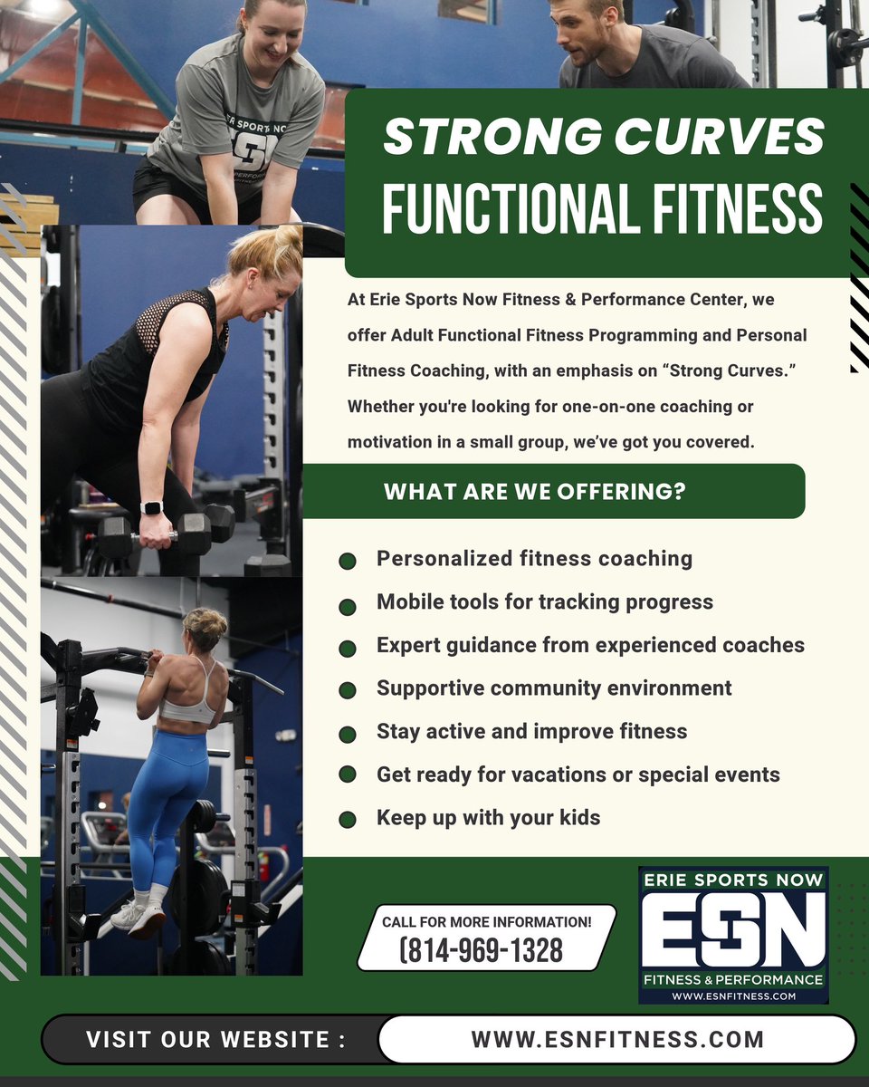 At Erie Sports Now Fitness &amp; Performance Center, we offer Adult Functional Fitness Programming and Personal Fitness Coaching, with an emphasis on “Strong Curves.” Whether you're looking for one-on-one coaching or motivation in a small group, we’ve got you covered. Signup today!