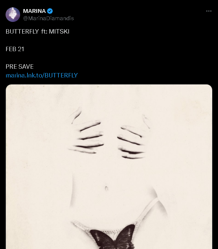 🚨 MITSKI IS FEATURED IN THE NEW MARINA'S SONG

THE SONG IS NAMED "BUTTERFLY" FEAT MITSKI, WILL BE OUT IN FEBRUARY 21.