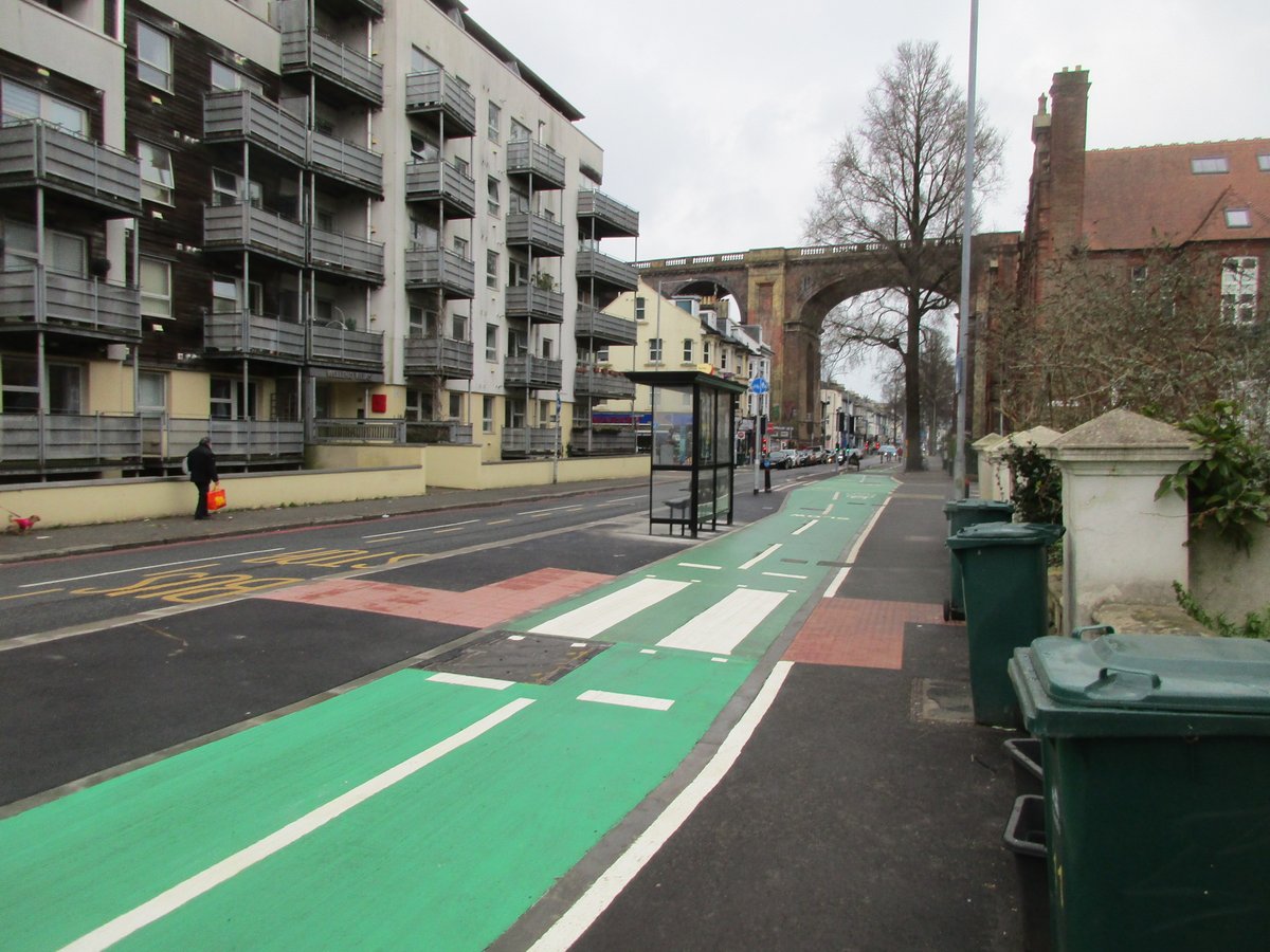 Progress on the north-south A23 #NCN20 #ActiveTravel route at Preston Park at the Stanford Ave. junction. Note the arrangement with the bus stop including green zebra!