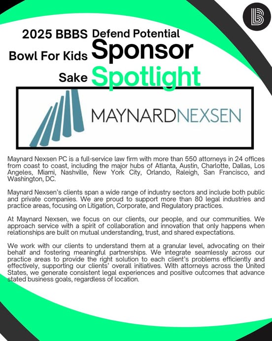 #FantasticFriday 2025 BBBS Bowl For Kids' Sake Sponsor Spotlight! We are excited to highlight **Maynard Nexsen**, a **Defend Potential** level sponsor, for their generous support of **Big Brothers Big Sisters**! A huge thank you for their dedication to our mission!