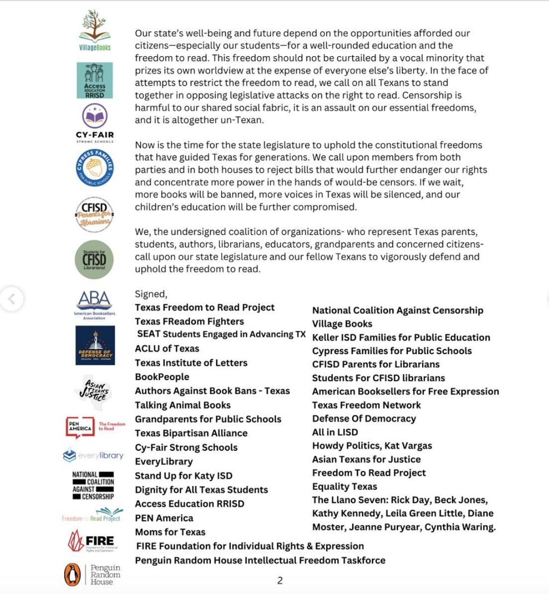 PEN America proudly stands with the Texas Freedom to Read Project and local, state and national partners and allies in affirming our shared commitment to fighting book bans and censorship in the 89th legislative session, and beyond.  txftrp.org/joint_coalitio…