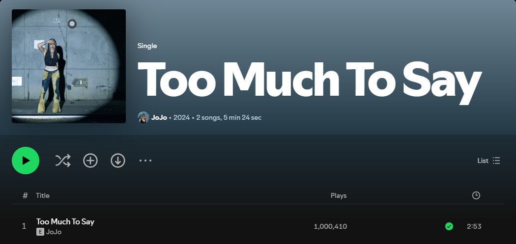 TateMcJoJo's tweet photo. #TooMuchToSay has reached 1M Stream on Spotify https://t.co/mdLheaQcX6