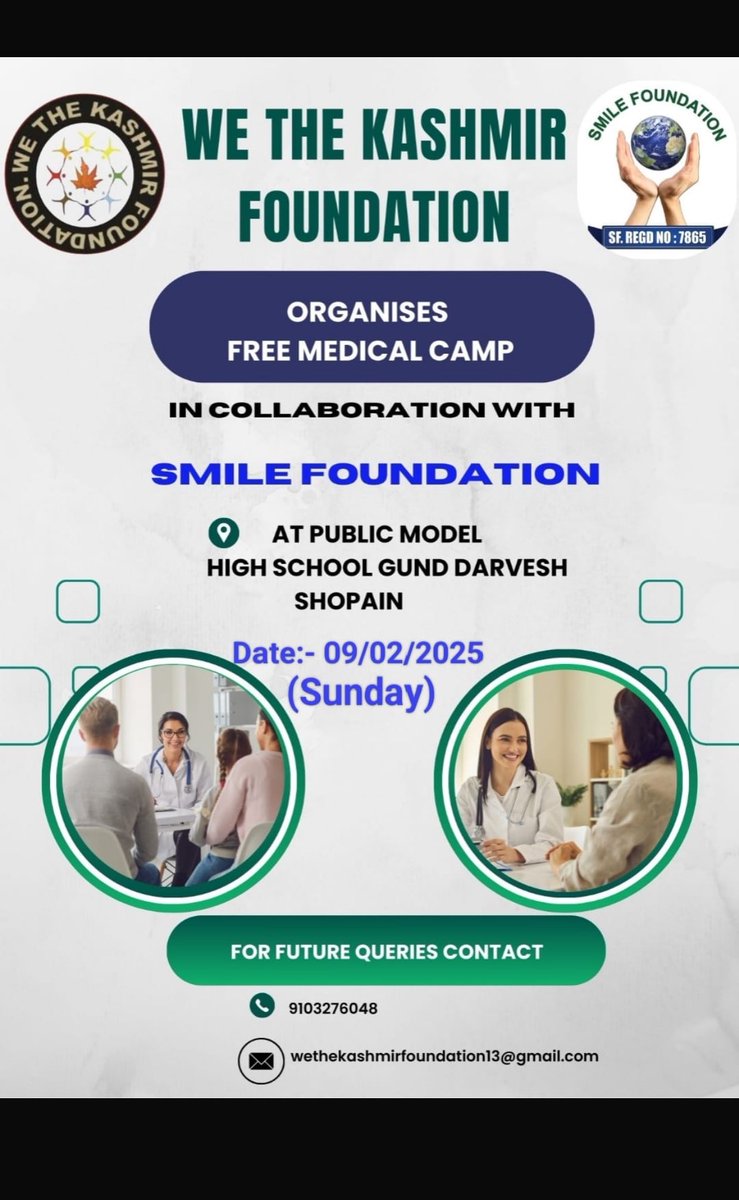 WTKFoundation's tweet photo. 📢 Join Us for a Free Medical Camp! 🏥

We The Kashmir Foundation, in collaboration with Smile Foundation, is organizing a Free Medical Camp to provide essential healthcare services to the community.

Venue: Public Model High School, Gund Darvesh,Shopian
Date: 9th February 2025 https://t.co/62ExXVpNKN