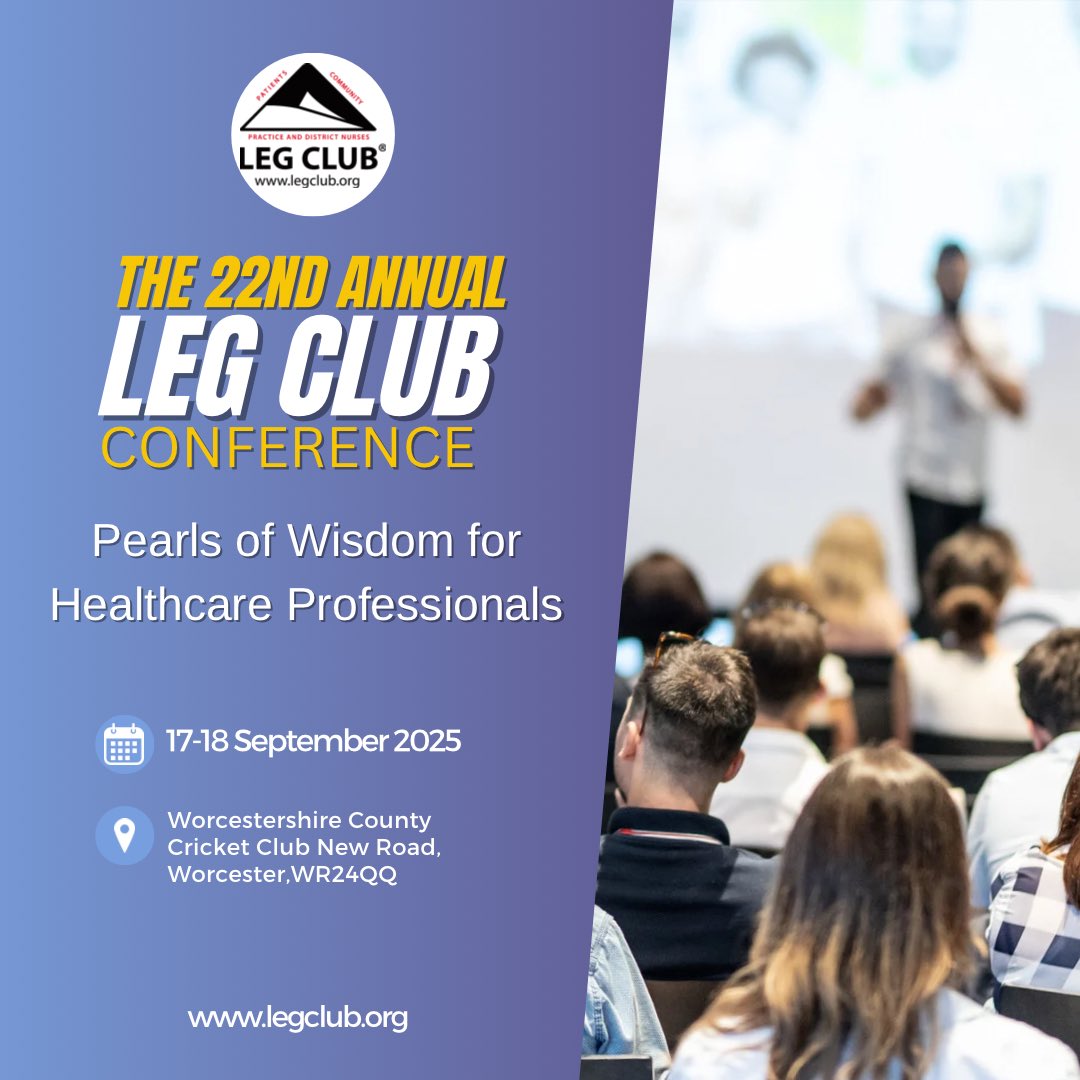 LindsayLegClub's tweet photo. 📢 Be part of the 22nd Annual Leg Club Conference – 17-18 September 2025!
📅 Date: 17-18 September 2025
📍 Venue: Worcestershire County Cricket Club, New Road, Worcester, WR2 4QQ
#LegClubConference #WoundCare #CommunityCare #HealthcareInnovation https://t.co/h0MUHzLgfZ