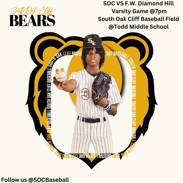Tonight @ William “Bill” Blair Jr Field @ South Oak Cliff Baseball Ball Park located at Todd Middle School the Golden Bears of SOC will take on Fort Worth Diamond Hill <a href="/7PM/">Huong Le</a> .. 

Look forward to seeing all fans, alumni, &amp; other supporters there. 

PLAY BALL!! 

<a href="/soc_athletics/">SOC Athletics</a>