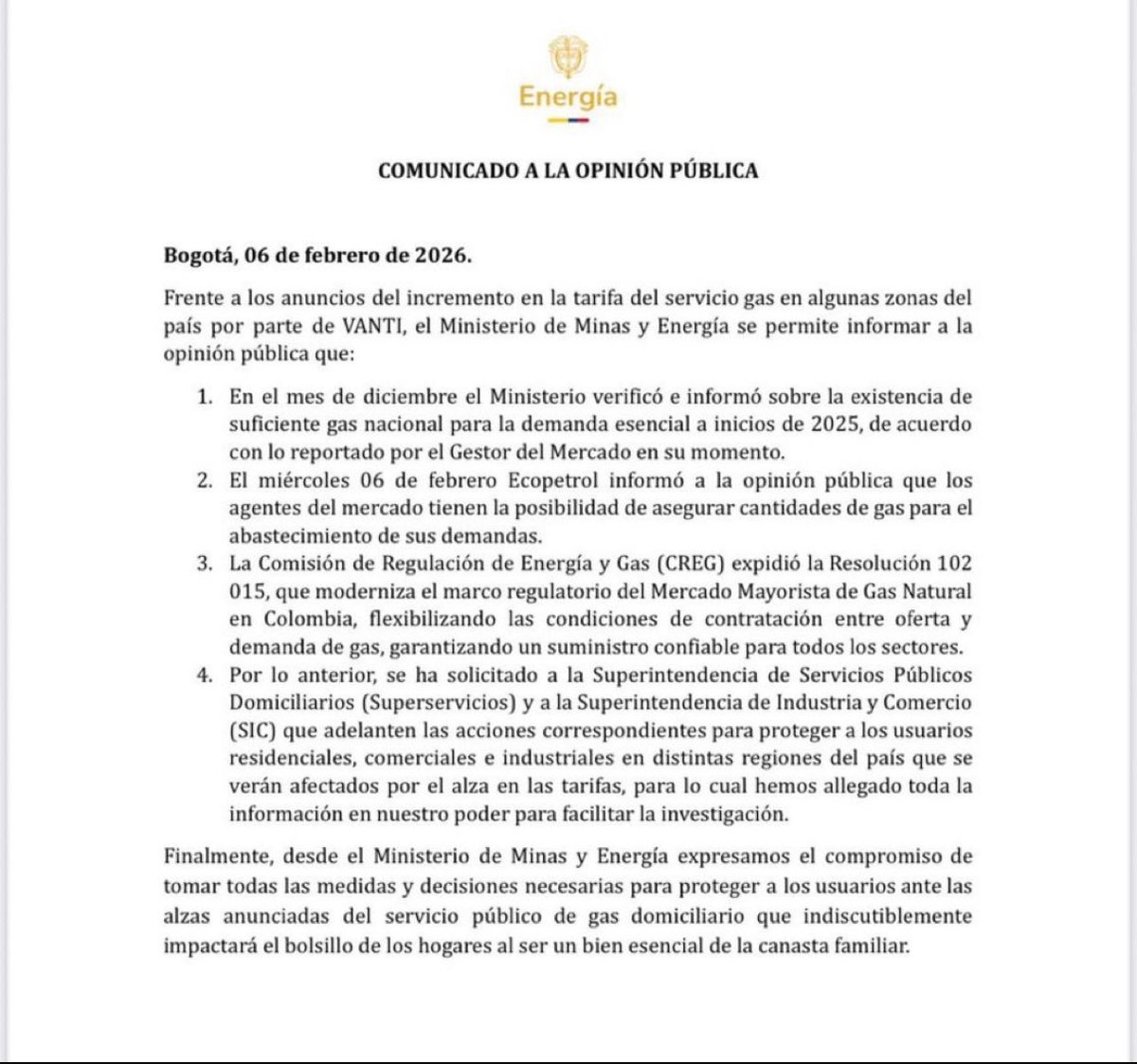 RodolfoAnayaA's tweet photo. Qué injusto. 

El aumento del precio del gas no le conviene a nadie: ni a los usuarios, ni a las empresas ni al Gobierno, pero es un hecho que debemos entender y enfrentar. Los campos declinan, los productores pueden confirmar que no pudieron renovarnos los contratos en las mismas condiciones y el gas importado permite garantizar el abastecimiento mientras entran en producción las nuevas fuentes. Mi invitación es a seguir trabajando de forma constructiva en las soluciones para mitigar esta realidad.

@andrescamachom_ @Superservicios @sicsuper