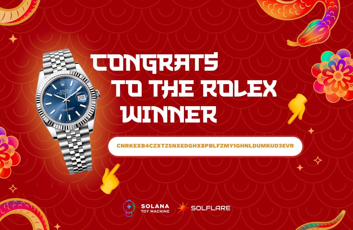 And the Rolex winner is...

CnRKExB4CZxTz5NXEdGHx8pBLFzMy1ghnLDUMKUd3EVr

To claim your prize:

1️⃣ Join the Toy Machine Discord (discord.com/invite/toymach…)

2️⃣ Open a ticket

Stay tuned for the next big ticket prize item shortly.💰👀