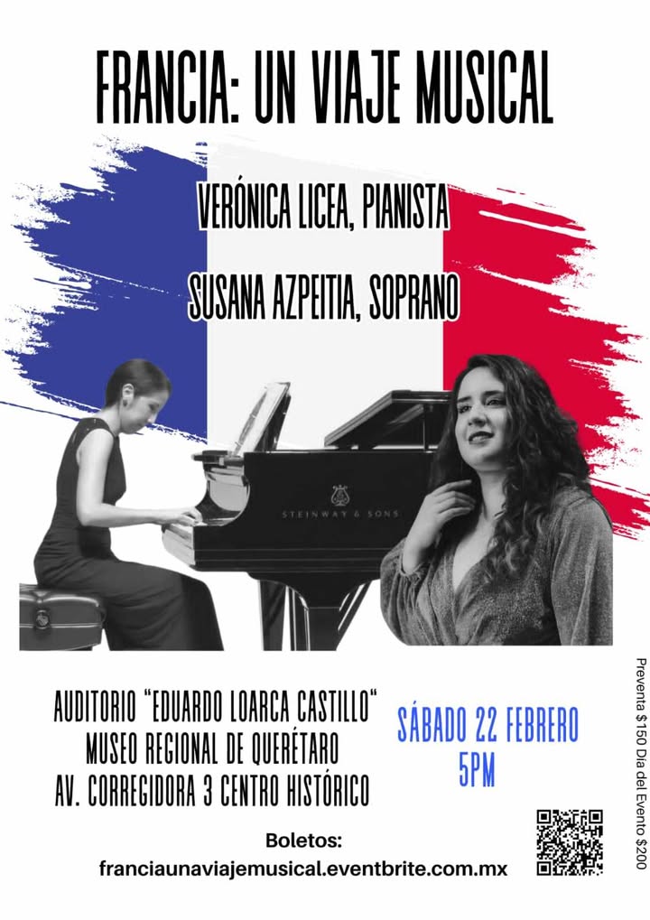 museoregqro's tweet image. Francia: Un Viaje musical
Ven y disfruta de una noche llena de melodías cautivadoras, a través de la interpretación de la soprano Susana Azpeitia y la pianista Verónica Licea.

🗓️Sábado 22 de febrero a las 5 h.
📍Auditorio Eduardo Loarca 
🎟️#Eventbrite