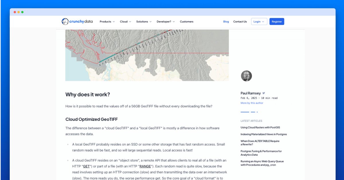 crunchydata's tweet image. Using Cloud Rasters with PostGIS: With the postgis_raster extension, it is possible to access gigabytes of raster data from the cloud, without ever downloading the data.

Rasters for @postgis can be stored inside the database, or outside the database, on a local file system or…