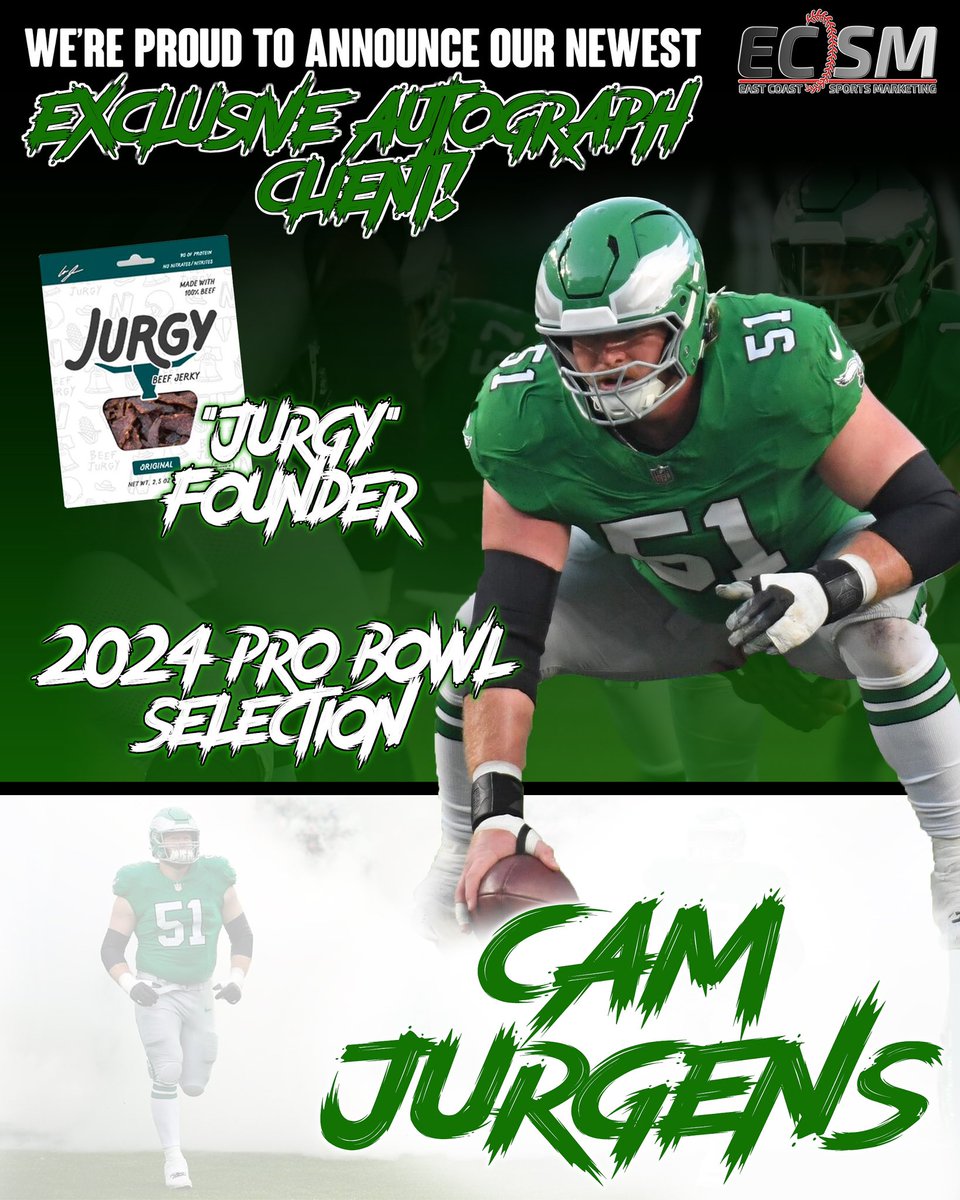 ECSMSports's tweet photo. 💥2024 PRO BOWLER CAM JURGENS IS NEWEST ECSM SIGNATURE EXCLUSIVE ATHLETE!💥

Let’s cheer Cam on as he closes his first Pro Bowl season at Super Bowl LIX!

#GameDayEats idea
“Jurgy Beef Jerky" - 5 flavors of 100% beef jerky born from Cam's Nebraska roots!  https://t.co/2w68P0Hl1S https://t.co/HlqtSVY7cq