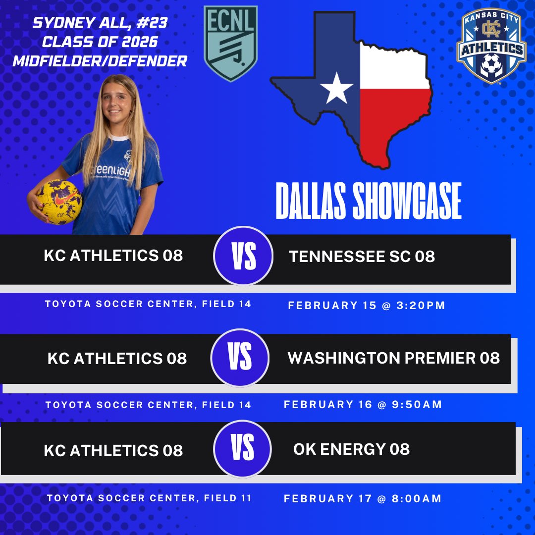 Last showcase of the season for my <a href="/KCACElite08ECNL/">KC Athletics Academy Elite 08 ECNL</a> team! Ready to give it everything and finish strong 💪 Coaches, hope to see you there!

<a href="/TopDrawerSoccer/">TopDrawerSoccer</a> <a href="/ImYouthSoccer/">ECNL/GA/Recruiting/College Soccer</a> <a href="/ImCollegeSoccer/">College Soccer Truth ™</a>