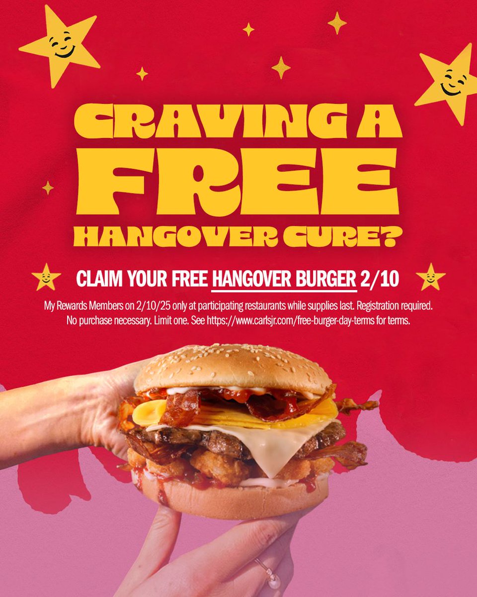 BarstoolNevada's tweet image. We know you'll be hungover on Monday so get u a free @carlsjr Hangover Burger while you're at it” #freeburgerday