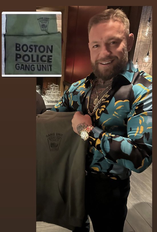 EStScreening's tweet photo. Thanks @TheNotoriousMMA showing off his #BostonPolice Gang Unit hoodie https://t.co/O62rVTnqMe