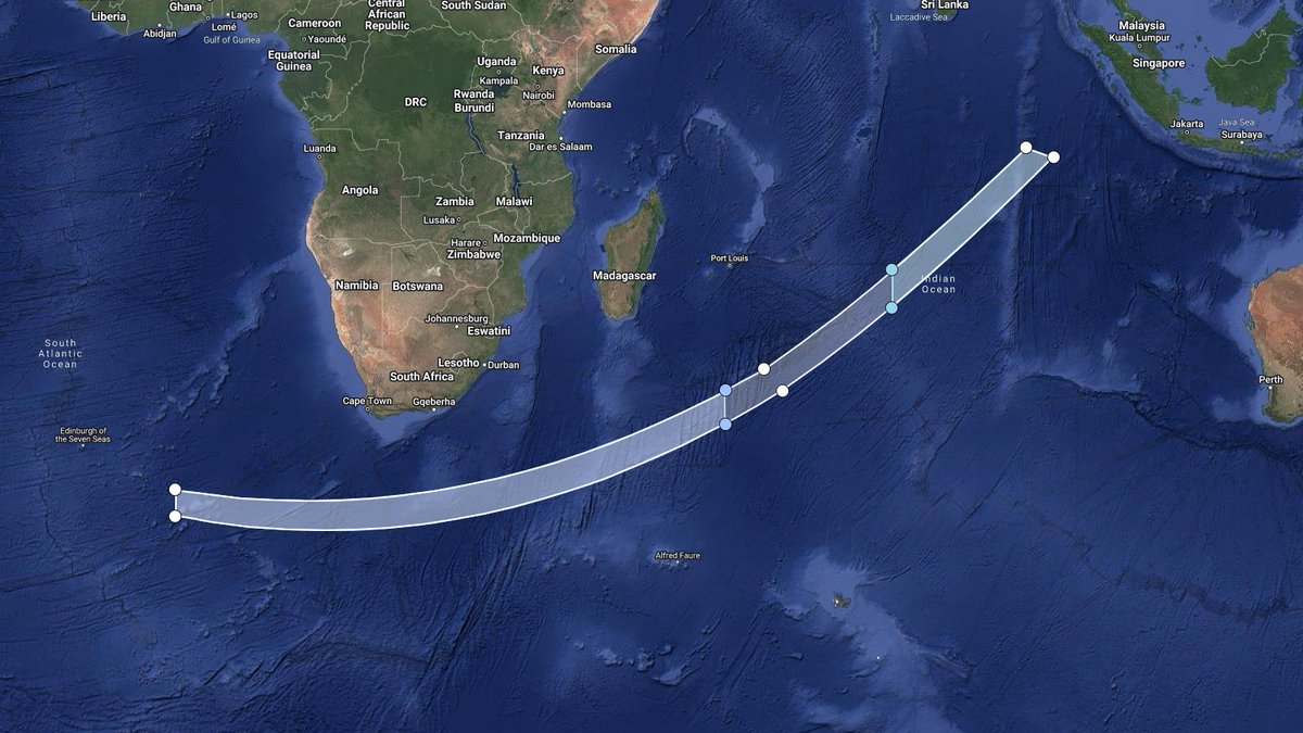 LHA map for #Starlink Group 12-9 from CCSFS SLC-40 NET 07 Feb 18:52 UTC, alternatively 08 to 13 Feb based on issued NOTAM/NOTMARs. Planned B1078.17 recovery 600km with estimated fairing recovery ~670km downrange. S2 debris reentry area in Indian Ocean. bit.ly/LHA-47