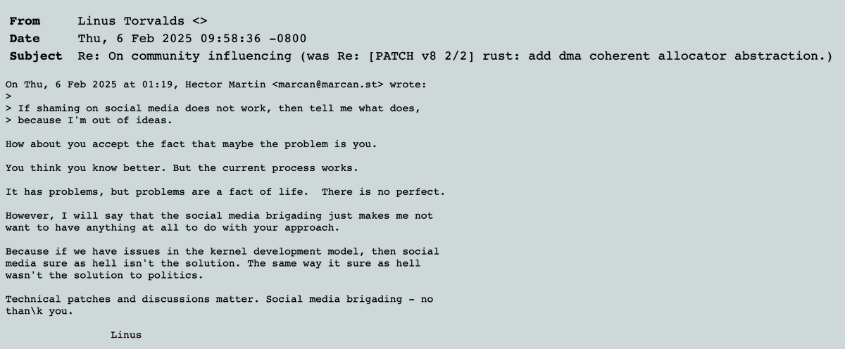 "If shaming on social media does not work, then tell me what does"

Incredible things happening on the Linux Kernel Mailing List